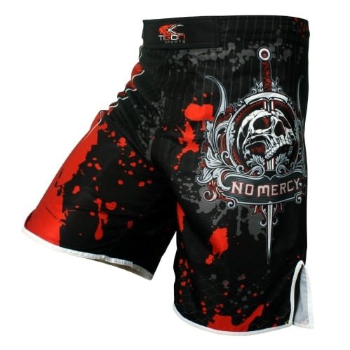 "No Mercy" Red Fight Shorts - Affordable Rashguards